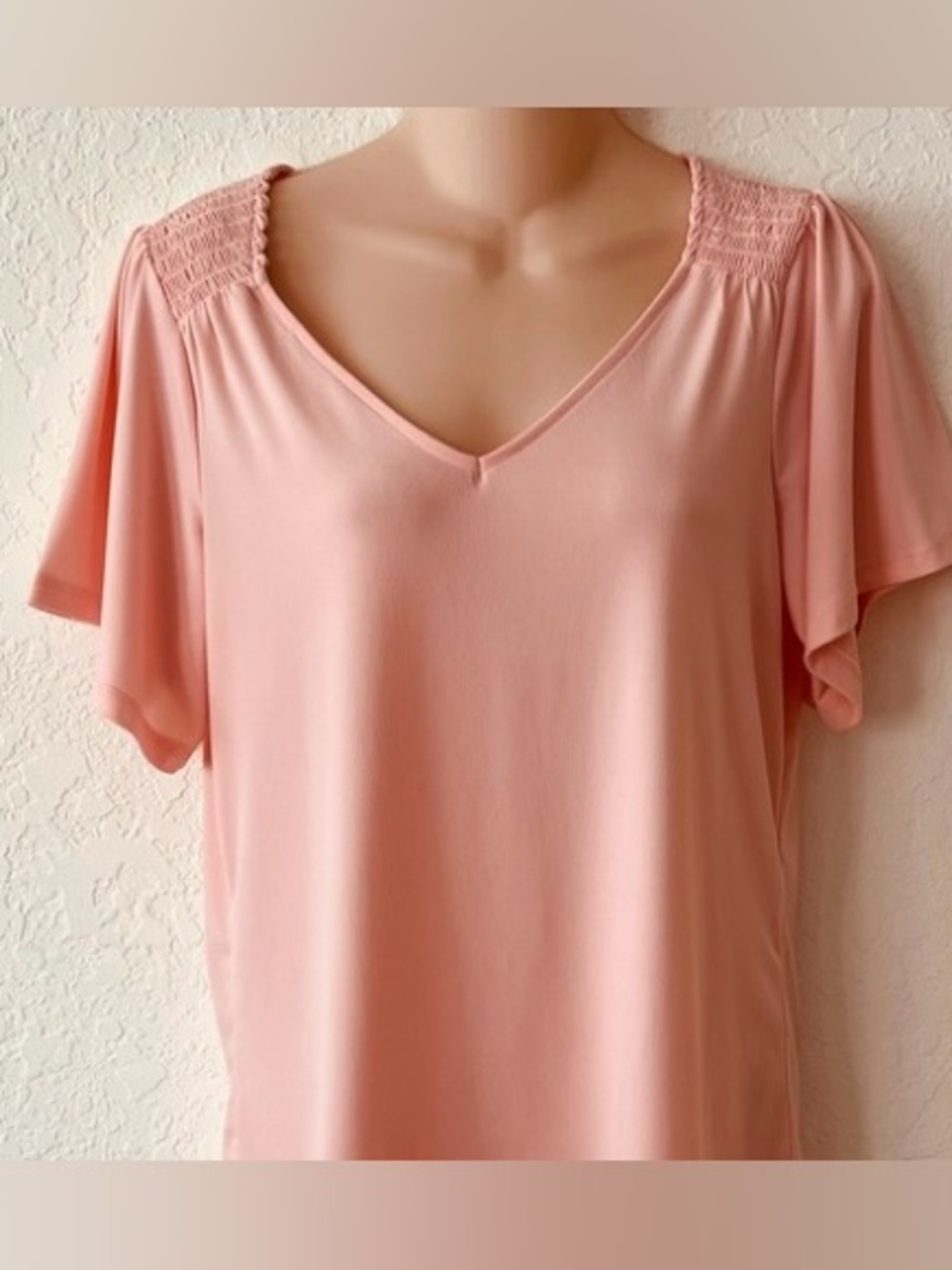 Michael Kors Light Pink V-Neck Short Sleeve Top with Smocked Shoulders